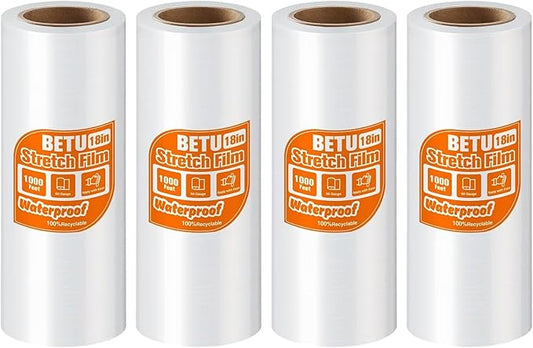 BETU Plastic Wrap Stretch Film for Moving Supplies 18inch X 1000ft, Shrink Wrap Stretch Roll Industrial for Furniture Wrapping Shipping Pallet Moving Boxes Storage with Handles, 4 Pack, Clear
