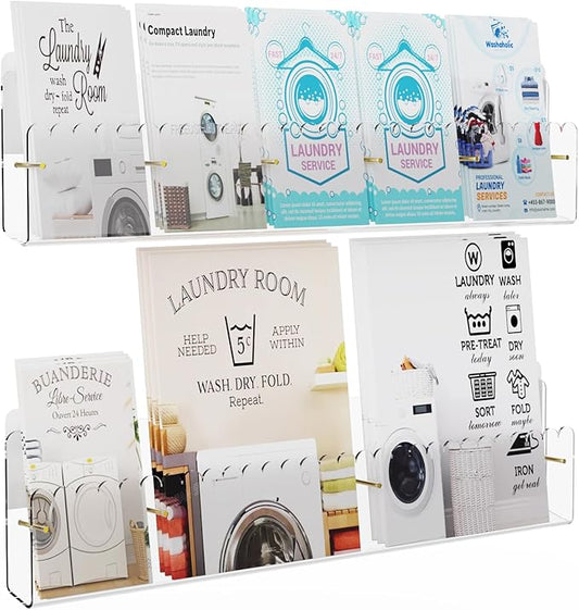 Brochure Holder Wall Mount, 2 Pack Acrylic Modular Flyer with Adjustable Magnetic Golden Bolt, Wavy Lace Pamphlet Display Stand for Organizer Trifold Flyer, Document, Leaflet, 5 Slots