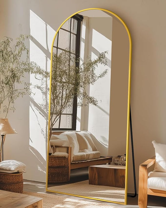 Full-Length Floor Mirror with Stand, 58"x21" Arched Style Full Body Standing Mirror for Bedroom, Living Room, Gym, Dorm - Shatter-Resistant & Easy Assembly, Gold