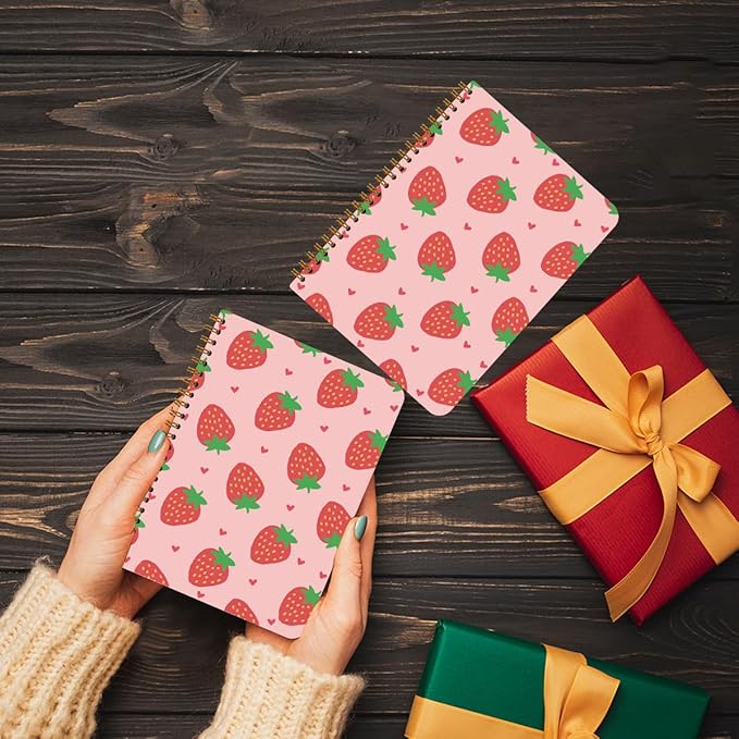 CFGBFDGH 2Pcs Strawberry Spiral Notebooks for Work, A5 Hardcover Notebook Journal, Pink College Ruled Notebook Travel Journal for Writing Office Note Taking 8.3x5.8inch, Strawberry Gifts for Women