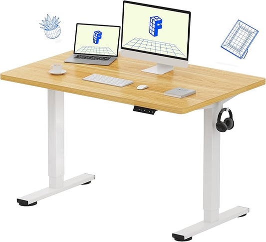 FLEXISPOT EN1 One-Piece Standing Desk 48 x 30 Inch Electric Height Adjustable Desk for Home Office and Computer Workstation (White Frame + Maple Top, 2 Packages)