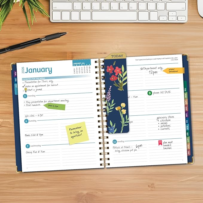 HARDCOVER 2026 Planner, 7"x9": 14 Months (November 2025 - December 2026), Daily Weekly Monthly Planner, Yearly Agenda, Bookmark, Pocket Folder and Sticky Note Set (Navy Gold Numbers)