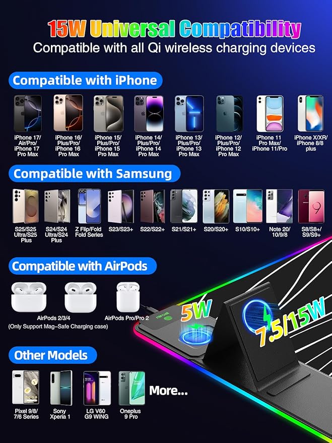 Mouse Pad with Foldable Phone Holder & Wireless Charger, XXL RGB Gaming Mousepad 31.5"x15.8" Large Desk Mat for Keyboard, Black Desk Pad with Dual Qi Charging Station | 11 Colors 5 Modes | Waterproof