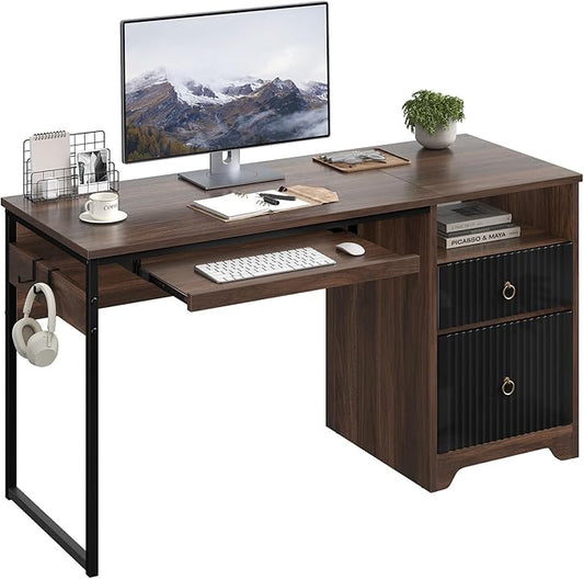 Bestier 55 Inch Computer Desk with Keyboard Tray, Modern Office Desk with Storage, Wood Writing Desk with File Drawer, Fluted Panel & 2 Hooks for Home Office & Studio, Cherry