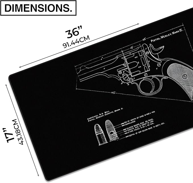 MPCO. Blueprints Large Gaming Desk Pad - 36" x 17" Aeroglyde Fabric Pistol Webly Mark IV – Black Desk Mats - Non-Slip, Washable, Smooth Glide for Precision Gaming & Work