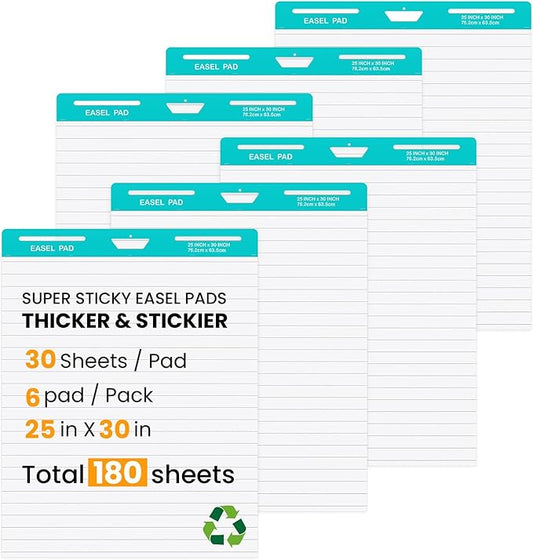 OLenyer Super Sticky Easel Pad, 25x 30IN, Large Self Stick Flip Chart Paper for Office School Classroom Supplies, 30 Sheets/Pad, 6 Pads/Pack, White, Lined