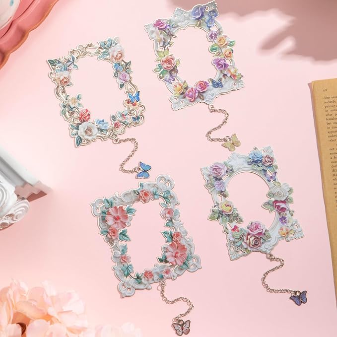 4 Pieces Metal Bookmarks for Women, Large Size Cute Hollow Bookmark Garland Flower Window Butterfly Unique Book Mark for Reading, Artistic Gift for Book Lovers Writers Readers Children Teens Men