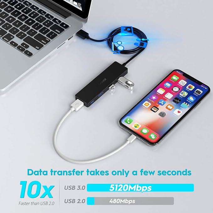 Aceele USB Hub 3.0 Splitter with 4ft Extension Long Cable Cord, 4-Port Ultra-Slim Multiport Expander for Desktop Computer PC, Laptop, Chromebook, Mac Mini, iMac, PS4, Flash Drive Data and More