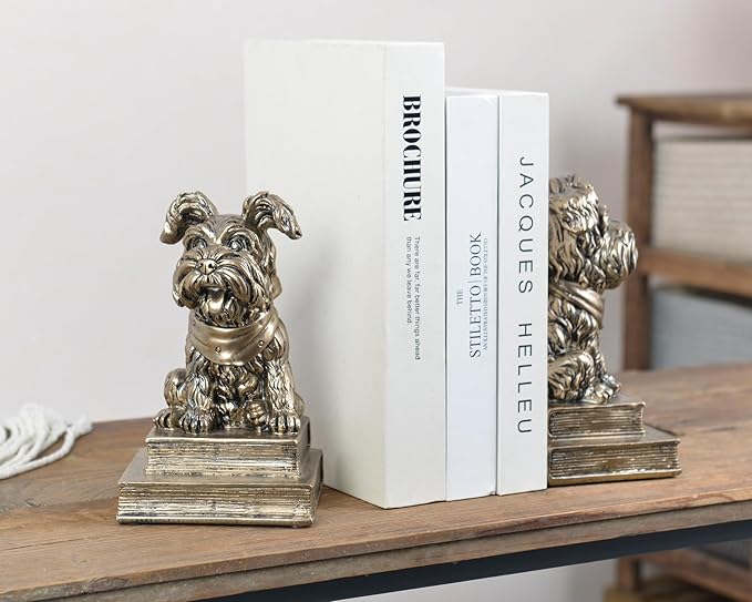 Vintage Antique Gold Dog Bookends,Decorative Book Ends for Shelves,Creative Resin Schnauzer Statues Book Holders for Desk Home Office Bookshelf Decoration,Gifts for Dog Enthusiasts
