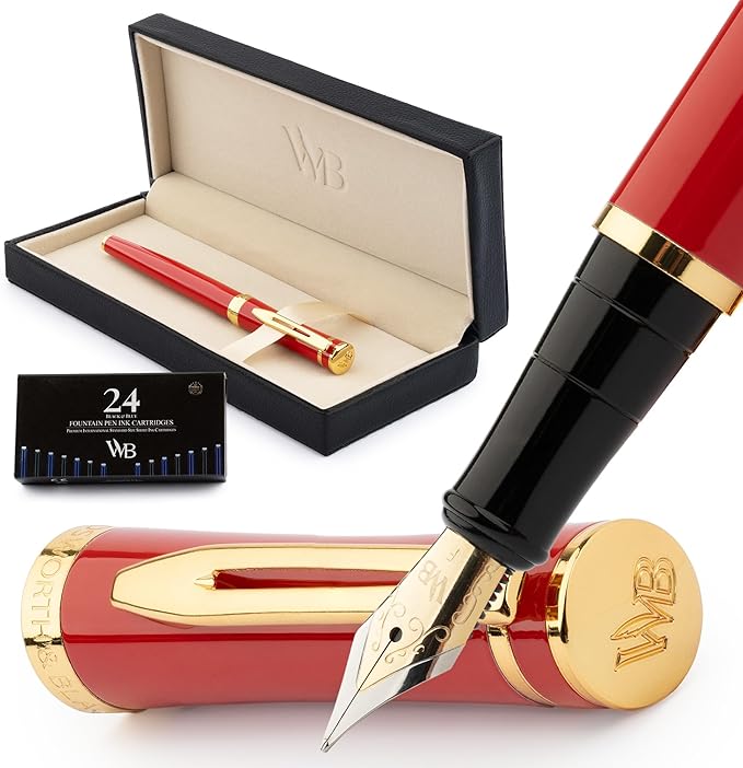 Wordsworth & Black Fountain Pen Set, 18K Gilded Fine Nib, Includes 24 Pack Ink Cartridges, Ink Refill Converter & Gift Box, Gold Finish, Calligraphy, [Crimson Red], Perfect for Men & Women