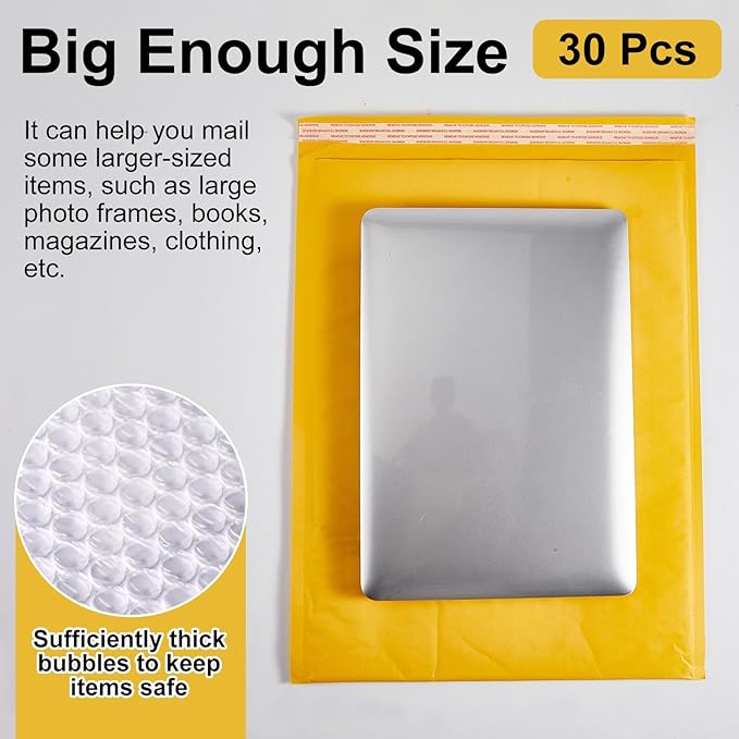 Henoyso 30 Pcs Extra Large Bubble Mailers 14 x 19 Inches Resealable Padded Envelopes Waterproof Shipping Bags Poly Padded Mailers Bulk for Mailing Packaging Small Business(Yellow)