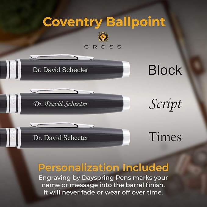 Personalized, Custom Engraved Cross Pen for Men or Women | Cross Coventry Ballpoint Pen | Luxury Gift for Office, Graduation and Business [Black Lacquer with Chrome Trim]