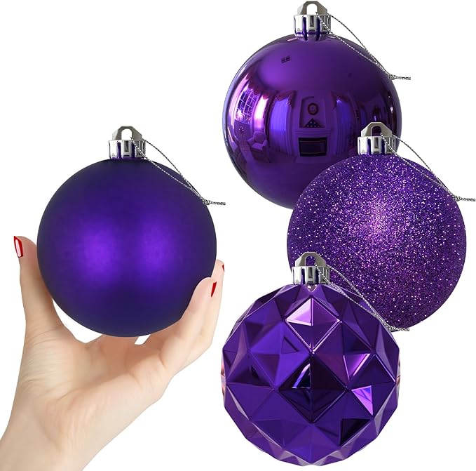 Purple 4.0" Large Christmas Balls - Christmas Tree Decoration Ornaments Shatterproof Hanging Balls for Birthday Halloween Holiday Wedding Decorations Set of 4pcs