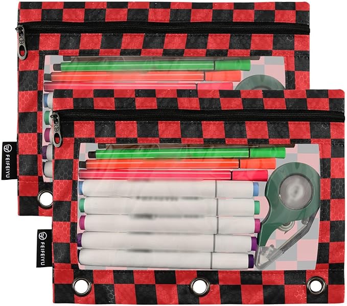 ALAZA Pencil Pouch for 3 Ring Binder, Red Black Checkered Plaid Binder Pencil Pouches with Clear Window Zipper Pencil Case Cosmetic Bags for Office College Supplies, 2PCS