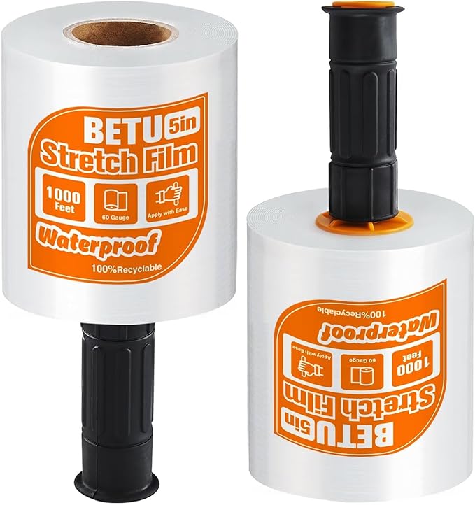 BETU Plastic Wrap Stretch Film for Moving Supplies 5inch X 1000ft, Shrink Wrap Stretch Roll Industrial for Furniture Wrapping Shipping Pallet Moving Boxes Storage with Handles, 2 Pack, Clear