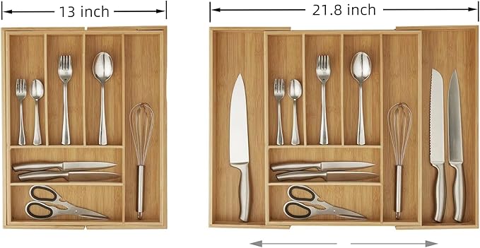 Bamboo Drawer Organizer - Expandable Kitchen Utensil Holder, Adjustable Silverware Drawer Organization, Kitchen Wooden Tray for Cutlery, Flatware & Stationery, 6-8 Slots (Natural)
