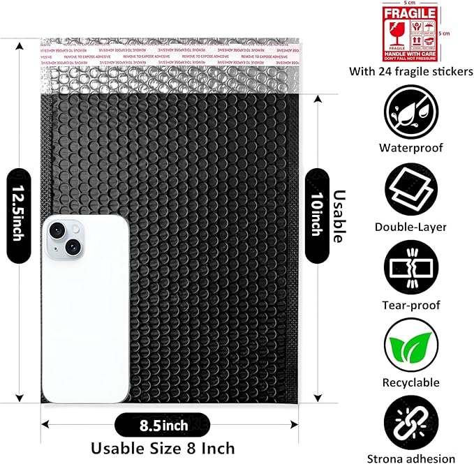 Bubble Mailers 8x12'' 100 Pack and 24PCS Fragile Stickers Black Thick Waterproof Padded Poly Envelopes Bubble Wrap Mailers Self Seal Shipping Bags for Mailing Small Business Homes Envelope Mailers #2
