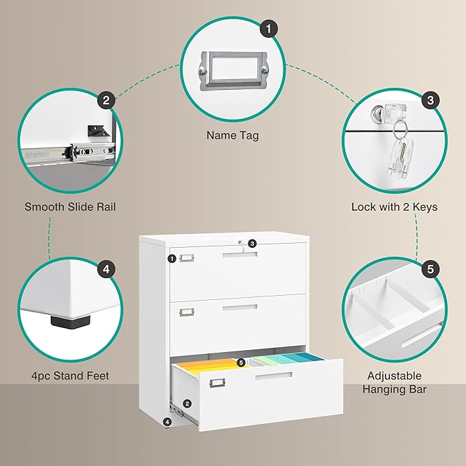 SISESOL 3 Drawer Lateral File Cabinet with Lock,White Lateral Filing Cabinet,Horizontal Metal Filing Cabinet,Locked Wide Three Drawer File Cabinet for Office Home,Fit A4/F4/Letter/Legal File