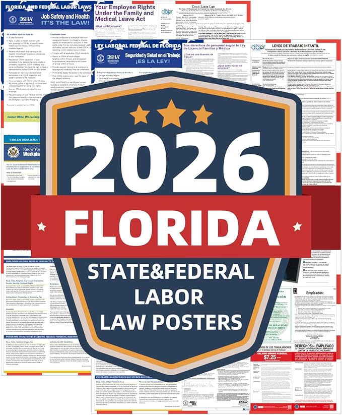 2026 Florida State and Federal Labor Laws Poster - English & Spanish Combo - OSHA Workplace Compliant - UV Waterproof Laminated 24" x 36" - Mandatory Regulations Posting for Employees