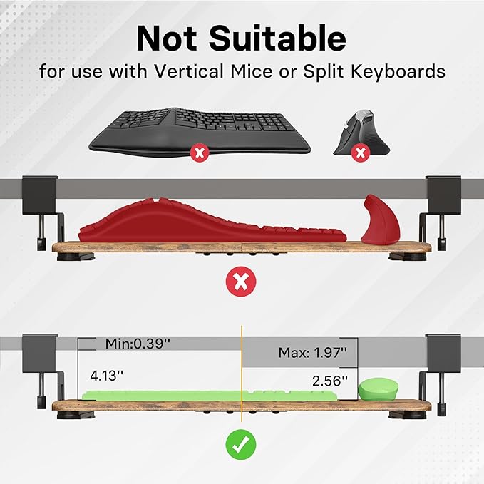BONTEC KMT01 Under Desk Keyboard Tray, Pull-Out Keyboard & Mouse Platform with C-Clamp, 25.6 x 11.8 in Space-Saving Ergonomic Slide-Out Drawer, Rustic Brown