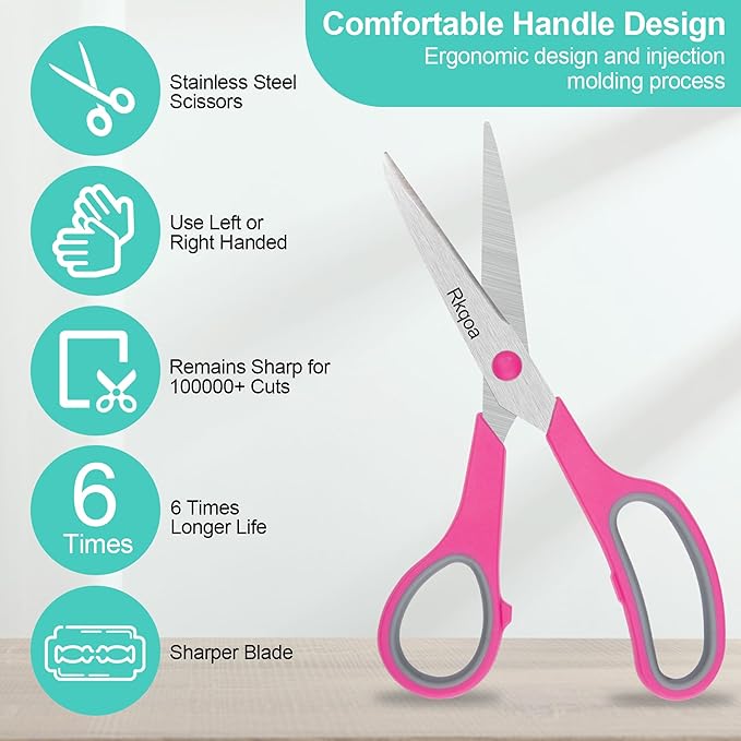 Black 6 Scissors Pack, Rkqoa 8" All Purpose Scissor - High Performance and Designed for Everyday use, Stainless Steel Shears Set with Comfort-Grip, Right/Left Handed