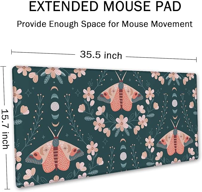 SSOIU Extended Gaming Mouse Pad (35.5x15.7 in), Large Non-Slip Rubber Base Mousepad with Stitched Edges, Waterproof Keyboard Mouse Mat Desk Pad for Work, Game, Office, Home - Floral Moon Moth