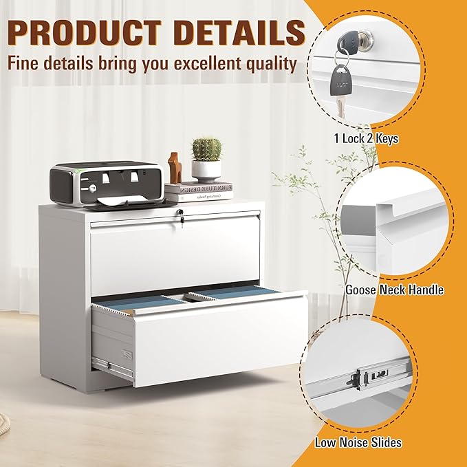 2-Drawer Lateral File Cabinet with Lock, Black Metal Filing Cabinet for Office or Home – Secure Storage for Letter/Legal/A4/F4 Documents, Easy to Assemble Locking File Organizer (White, 2 Drawer-26"W)