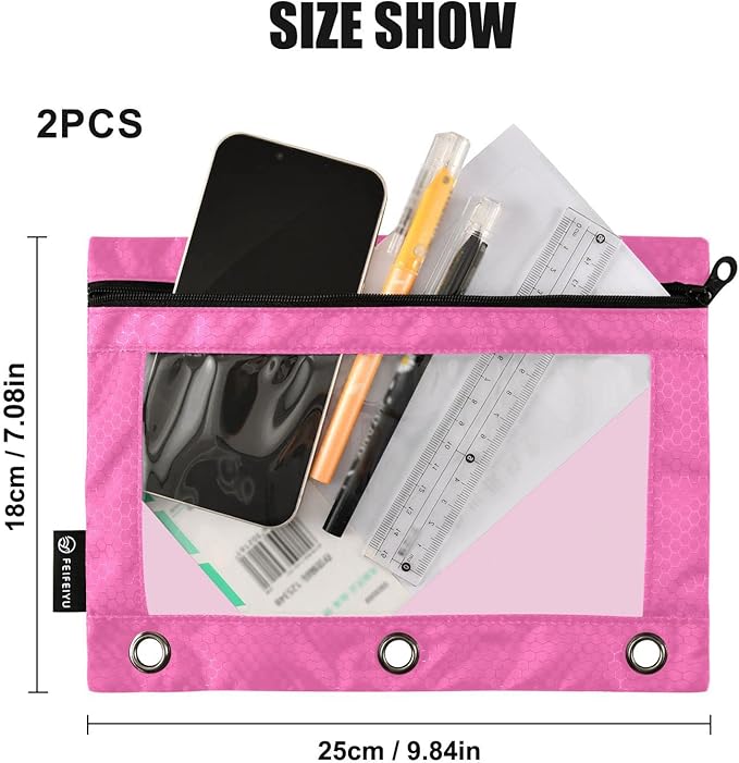 Gredecor Binder Pencil Pouch 3 Ring Hot Pink Zipper Pencil Pouches Case 2 Pack Clear Binder Organizer for School Office