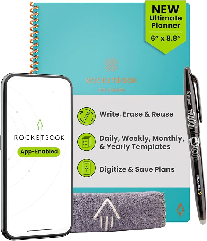 Rocketbook Flex Reusable Planner, Smart Undated, Daily, Weekly, Monthly, Annual Calendar Templates, Executive Size 6X8.8, Teal (Pack of 1)