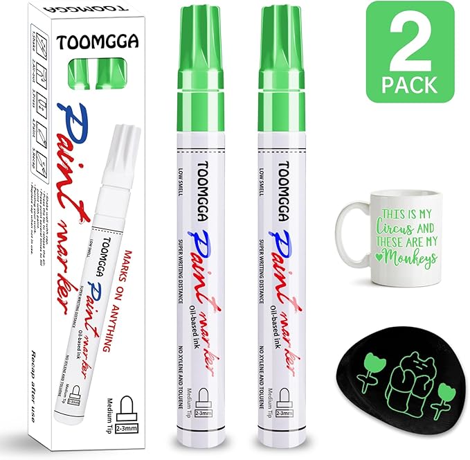 Light Green Permanent Paint Pens - 2 Pack Oil Based Paint Markers, Pens For Rock Painting Car Tyre Metal, Plastic, Canvas, Mugs, Wood, Glass, Quick Drying and Waterproof, Medium Point