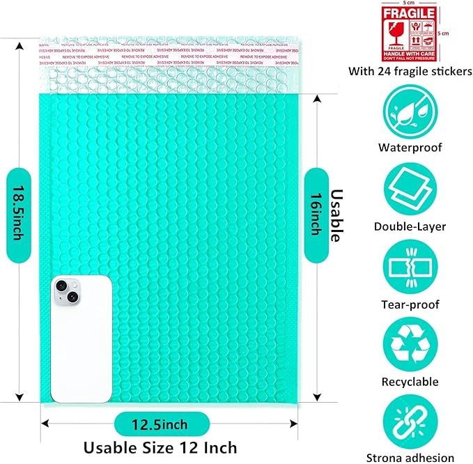 Large Bubble Mailers 12x18'' 100 Pack and 24PCS Fragile Stickers Tea Thick Waterproof Padded Poly Envelopes Bubble Wrap Mailers Self Seal Shipping Bag for Small Business Shipping Envelope Mailers #5