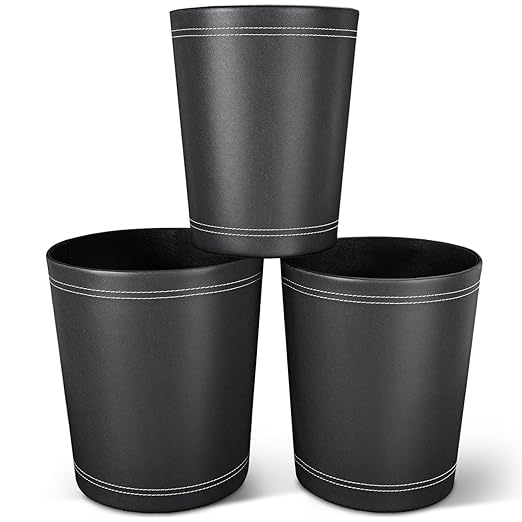 3 Pack Black Round PU Leather Wastebasket,Trash Basket,Small Trash Can Wastepaper Baskets Garbage Can Container Bins for Bathrooms,Home Decorative,Offices,Kids Rooms,Bedroom (Black)
