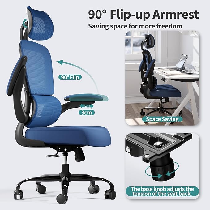 TRALT Office Chair Ergonomic Desk Chair, 330 LBS Home Mesh Office Desk Chairs with Wheels, Comfortable Gaming Chair, High Back Office Chair for Long Hours (Blue)