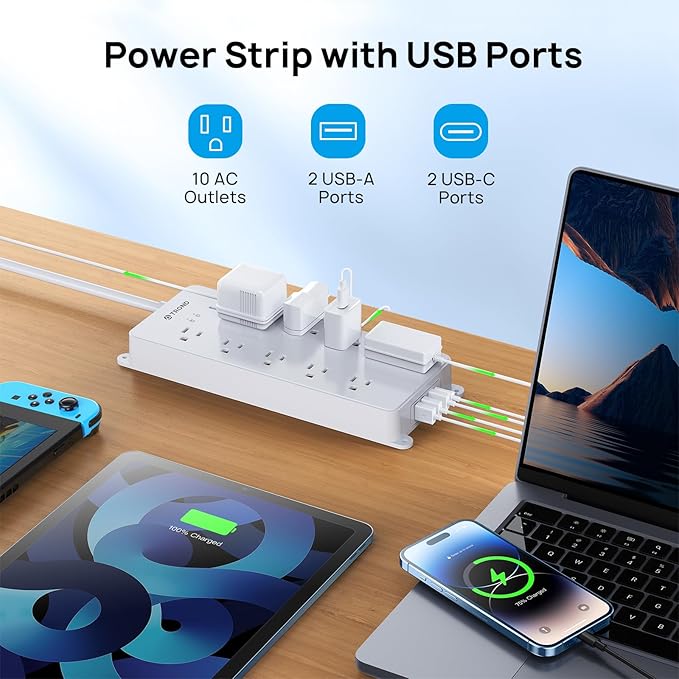 TROND Surge Protector Power Strip, Flat Plug 15ft Long Extension Cord, 10 Widely Spaced AC Outlets, 2 USB A & 2 USB C Ports, 4000J, ETL Listed, Wall Mountable, for Home Office Entertainment, White