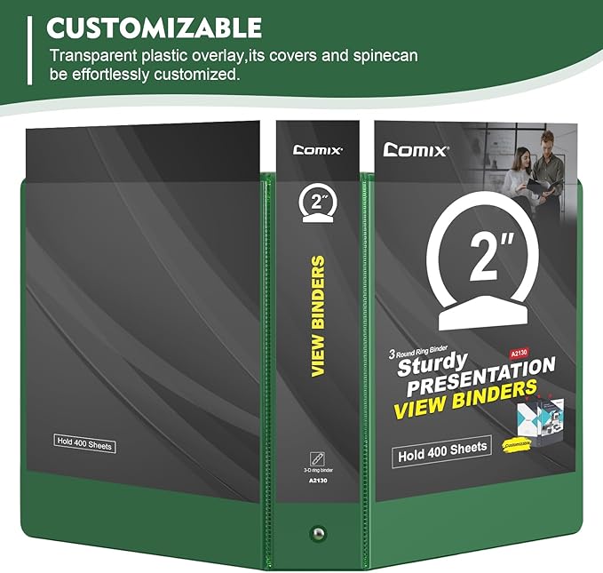 COMIX 3 Ring Binder 2 inch with Clear View Cover, 2" View Binder Holds 450 Sheets of US Letter Size Paper, 6 Pack (Green)
