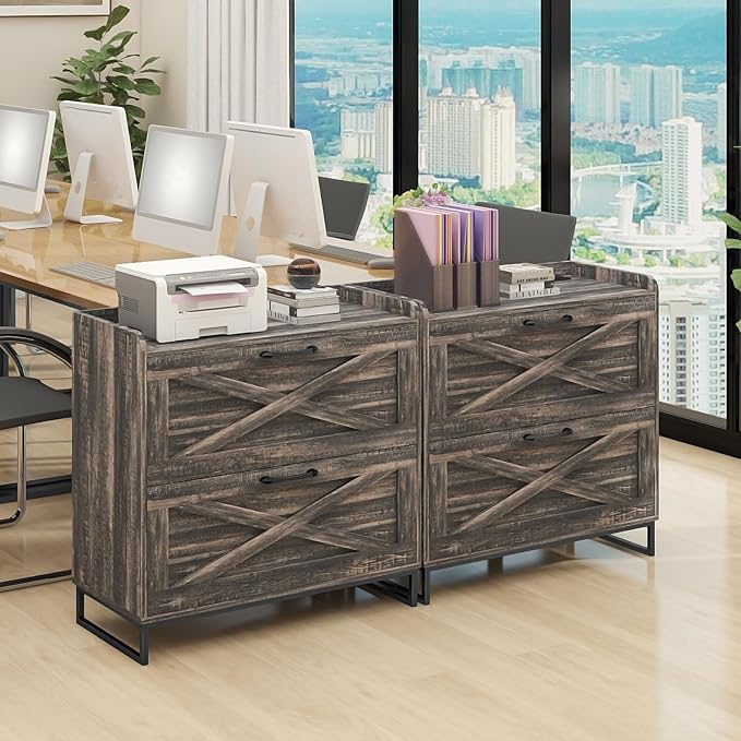 File Cabinet 2 Drawers Lateral File Cabinet with Charging Station for Letter/Legal/A4 Size Hanging Files, Large Wood File Storage Cabinets Printer Stand for Home Office, Dark Rustic Oak