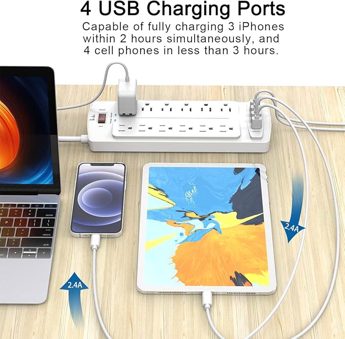 Power Strip, Tcstei Surge Protector with 12 Outlets and 4 USB Ports, 10 Feet Extension Cord (1875W/15A) for Home, Office, Dorm Essentials, 2700 Joules, ETL Listed, White