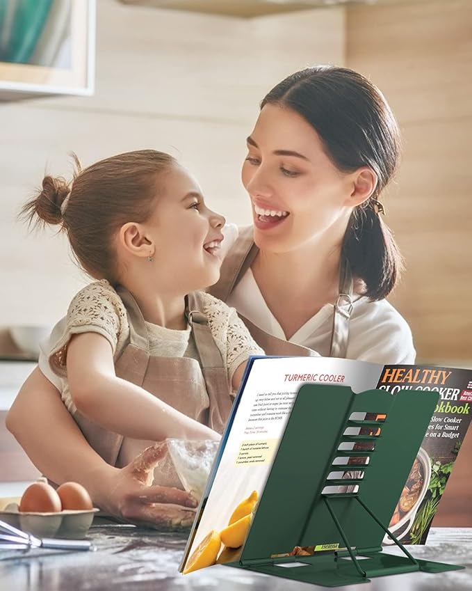 MSDADA Book Stand Metal Reading Rest Book Holder Adjustable Cookbook Documents Holder Portable Sturdy Bookstands for Recipes Textbooks Tablet Music Books with Page Clips (Military Green)