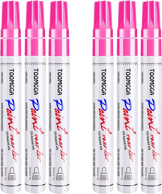 Pink Permanent Paint Pens - 6 Pack Oil Based Paint Markers, Pens For Rock Painting Car Tyre Metal, Plastic, Canvas, Mugs, Wood, Glass, Quick Drying and Waterproof, Medium Point