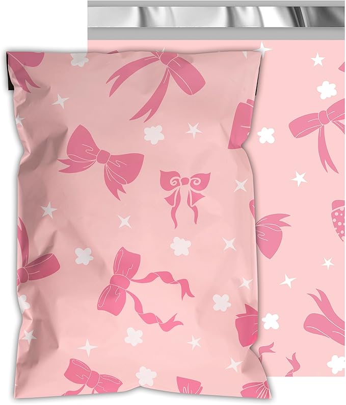 Poly Mailers 10x13 Inch 25 Pcs - Pink Bow printed Shipping Bags, 2.4mil Thickness, Waterproof and Tear Resistant Mailing Envelopes, Self-Sealing Packaging Bags for Small Business