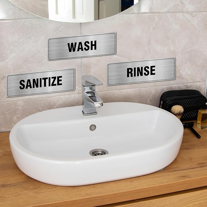 Wash Rinse Sanitize Sign Aluminum Silver 9 x 3 Inches Self-Adhesive Waterproof Metal Door Wall Sign for Business Offices 3 Pack