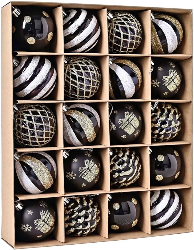 Christmas Tree Ball Ornaments 20ct Set, 2.36 Inch Black Gold White Classic Christmas Decorations, Shatterproof Hanging Ornaments for Xmas Holiday Decoration
