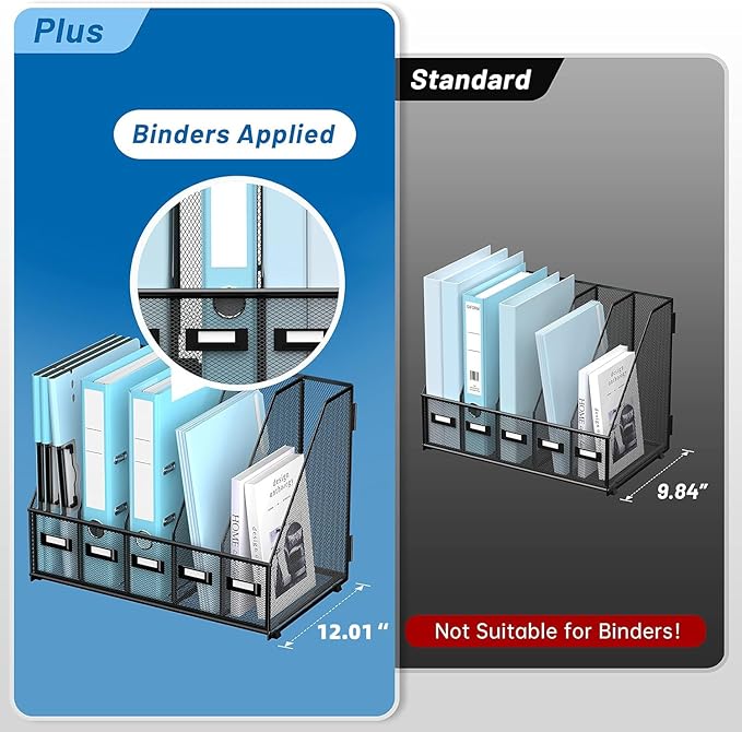 SUPEASY Desk Organizers Metal Desk Magazine File Holder with 16''x12''x12'' 5 Vertical Compartments Rack File Organizer for Office Desktop, Home Workspace, Black Plus
