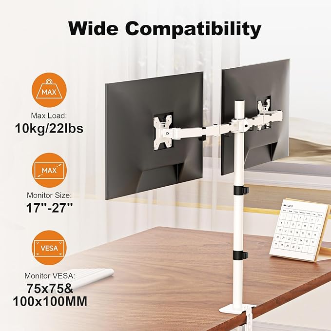 Suptek Dual LED LCD Monitor Stand up Desk Mount Extra Tall 31.5" Pole Heavy Duty Fully Adjustable Stand for 2 / Two Screens up to 27 inch,White (MD6842W)