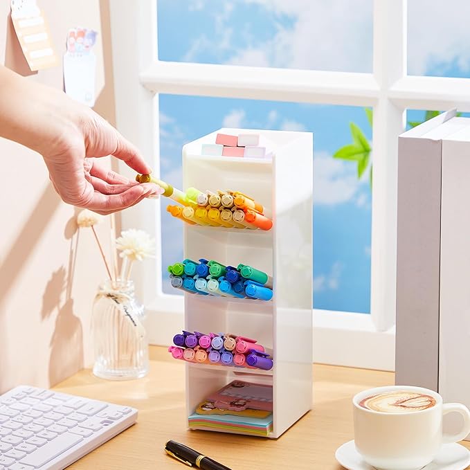Acrylic Pen Organizer Storage for 50 Markers Vertical Marker Organizer Acrylic Pen Display Holder for Office Desk Desktop Stationery Pencil Storage, White, 3.4 x 4 x 10.2 Inch