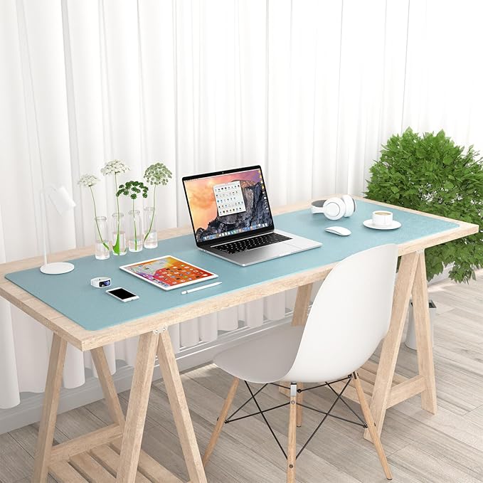 Hsurbtra Desk Pad, 48" x 17" PU Leather Desk Mat, XXXL Extended Mouse Pad, Waterproof Desktop Blotter Protector, Non-Slip Ultra Thin Large Laptop Keyboard Writing Mat for Office Home, Lake Blue