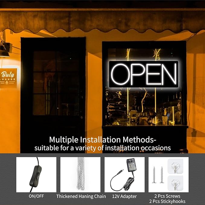 Open Signs for Business, LED Neon Open Sign 22 Inch 12V/2A Ultra Bright Lighted Open Sign Electric Light Up Open Sign for Business Storefront Window Glass Door Retail Shop Store Bar Salon Restaurant White