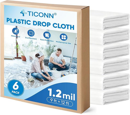 TICONN 12 x 9 Ft Plastic Drop Cloth for Painting, Waterproof Painters Plastic Sheeting, Painting Tarp for Furniture Cover, Floor Protection (6PK, 1.2Mil)