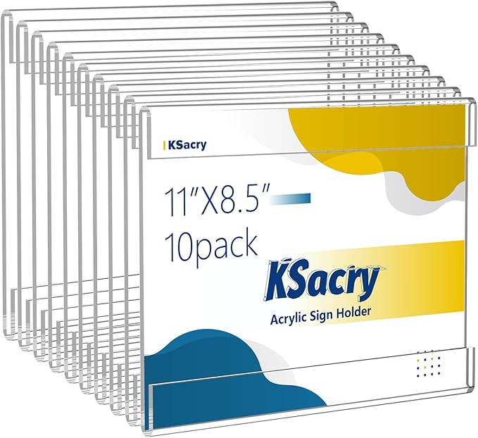 KSacry 10 Pcs Acrylic Sign Holder 11 x 8.5, Horizontal Wall Mount Sign Holders with 3M Adhesive, Clear Plastic Frames Paper Display Sign Holders for Office, Home, Store, Restaurant - No Drilling
