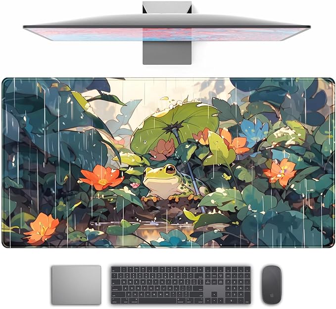 Anime Frog Mouse Pad Desk Mat Cure Frogs On Rainy Days Green Desk Decor Mat, Large Gaming Mouse Pad for Desk Computer Keyboard Laptop, Desk Decor Home Office Accessories for Girl with Stitched Eges